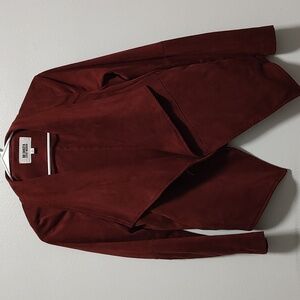 Draped Open Front Rust Faux Suede Jacket